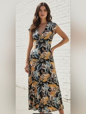bohme Black Floral Maxi Dress with Mustard and Light Blue Accents